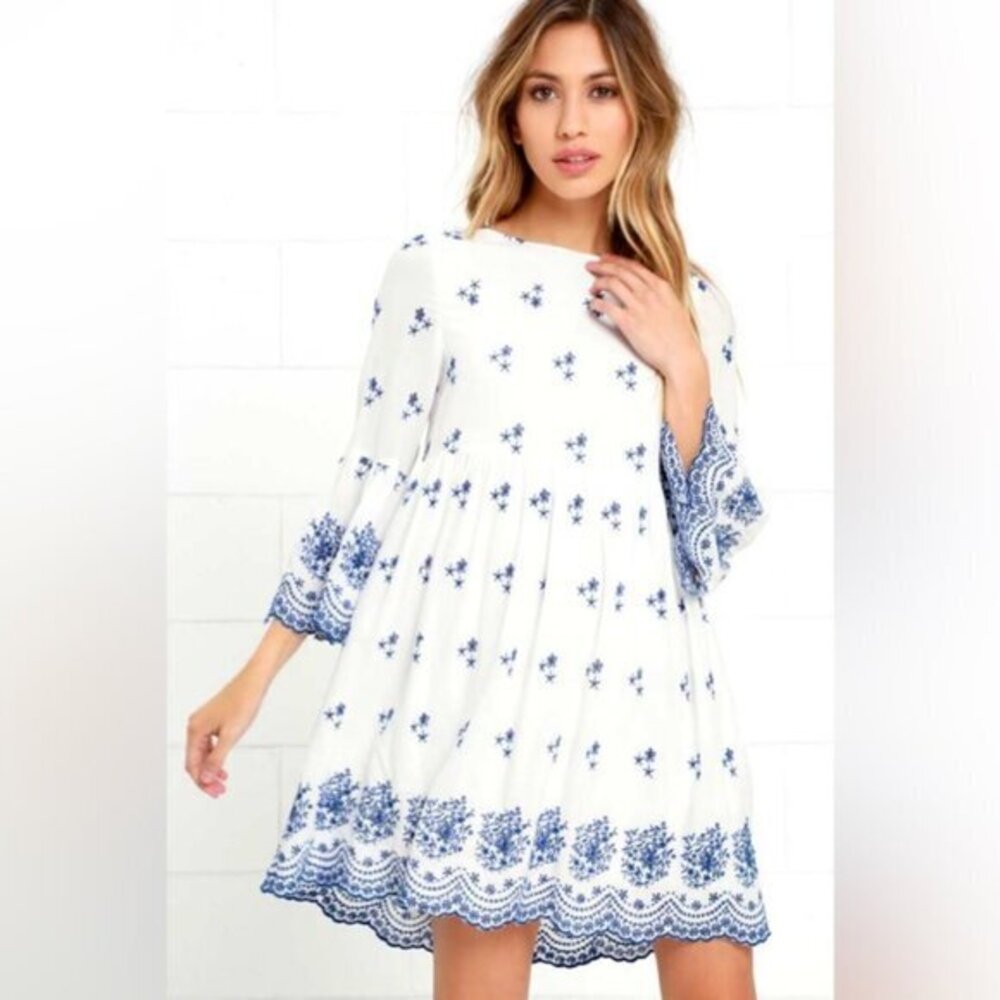 LULUS womens Mini Dress floral Embroidered Boho Chic peasant prairie feminine